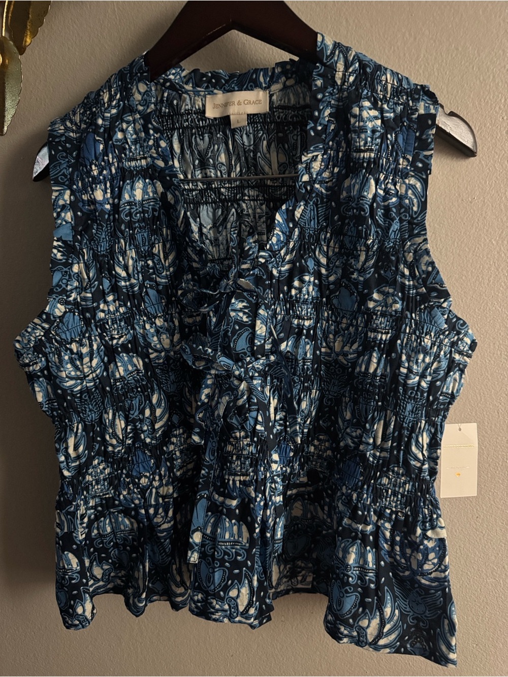 Jennifer & Grace Navy Blue Printed Smocked Tie-Front Camisole
